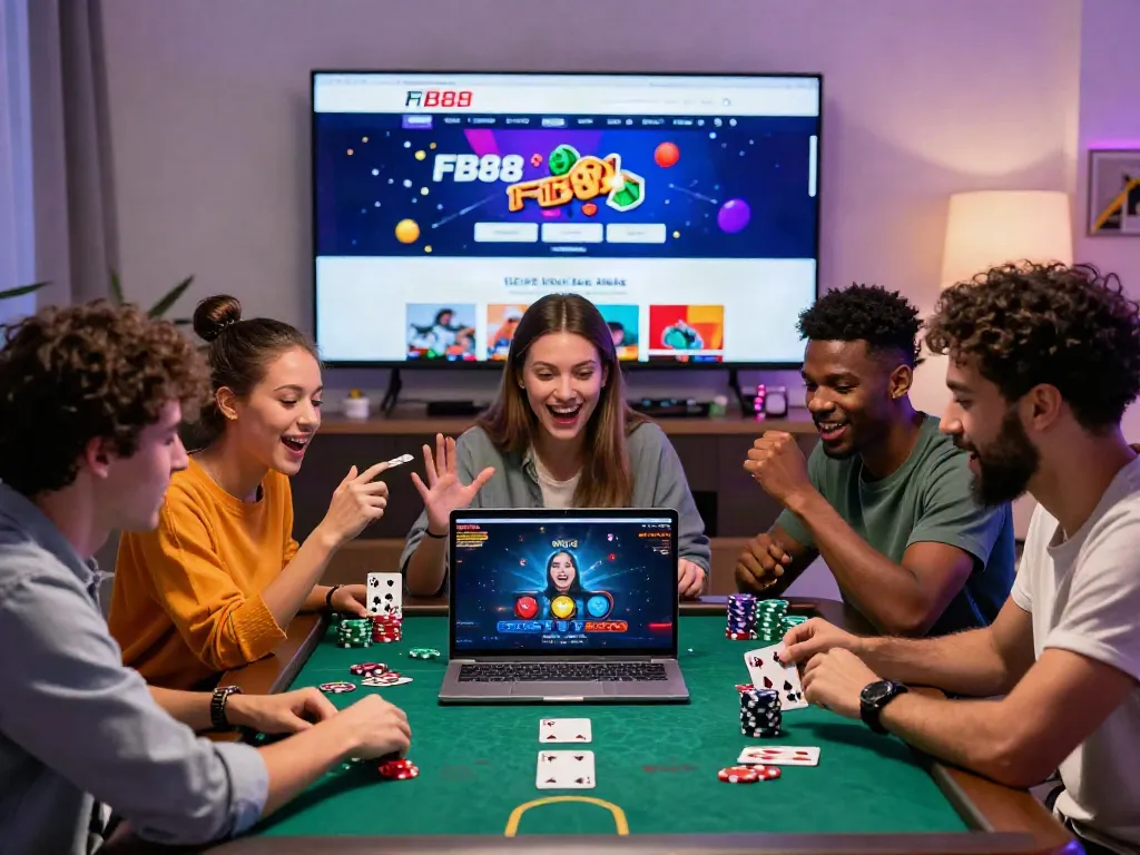 Exciting online gaming scene at fb88mx.com with friends enjoying live casino action and vibrant gaming elements.