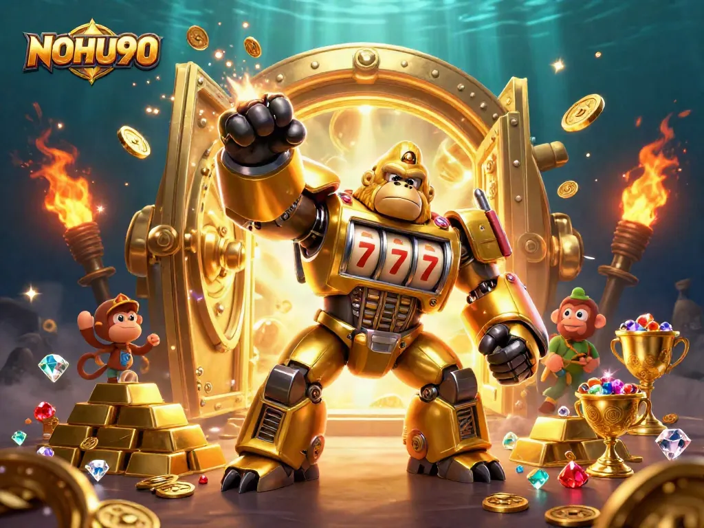 Experience thrilling jackpots with NOHU90 as a golden gorilla mech unleashes coins and treasures.