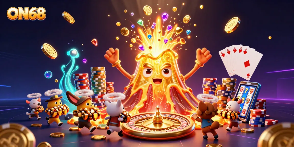 Engage in thrilling wins at ON68 with vibrant 3D casino gaming elements and jewel-encrusted treasures.