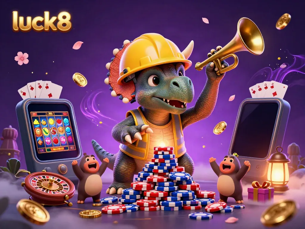 Engaging luck8 casino scene with cartoon dinosaur characters celebrating over poker chips and gaming elements.