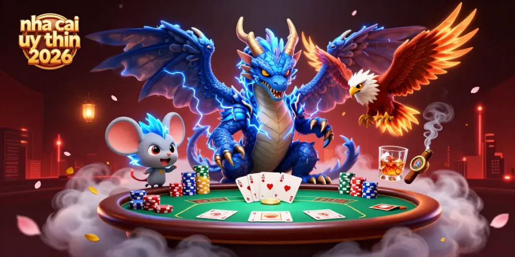 Engage with nha cai uy tin 2026 highlighting a powerful dragon and poker elements in a vibrant casino setting.