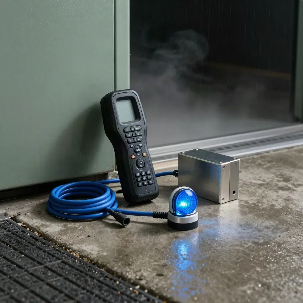 Incident-response kit with handset, relay box, cable and beacon on wet concrete in rain haze.