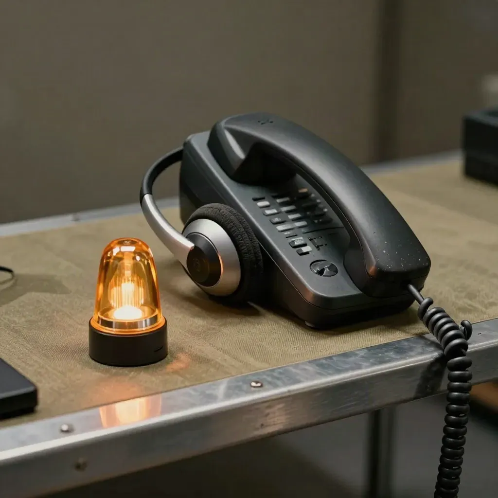 Worn support handset, headset, and amber beacon on a brushed-steel shelf