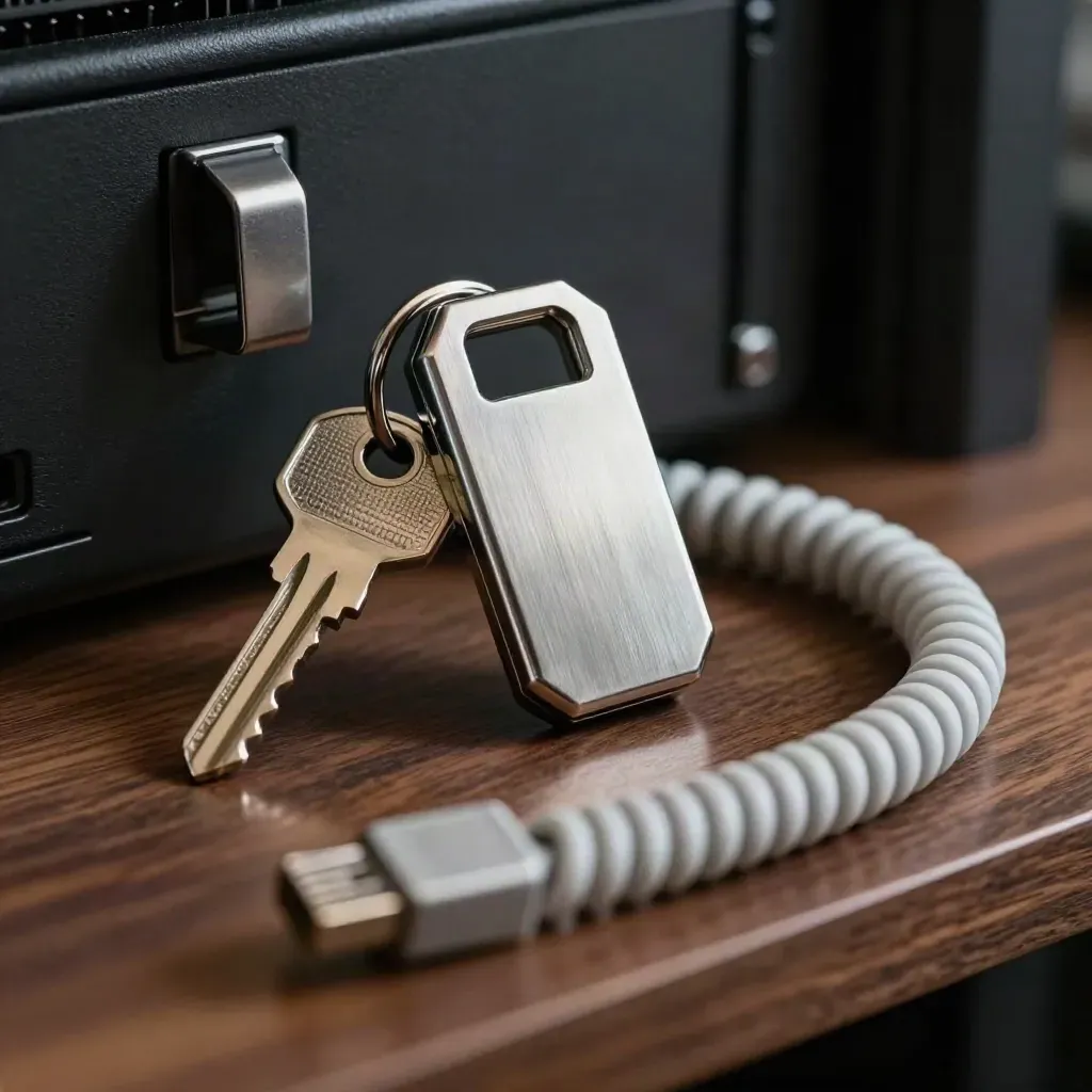 Brushed security token, rack key and coiled ethernet lead on a dark walnut service shelf.