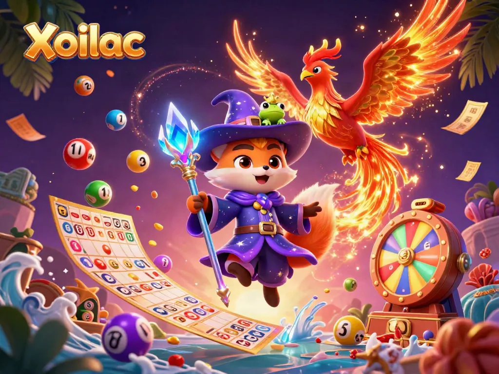 Xoilac showcases an enchanting wizard fox and phoenix amidst a vibrant lottery scene.