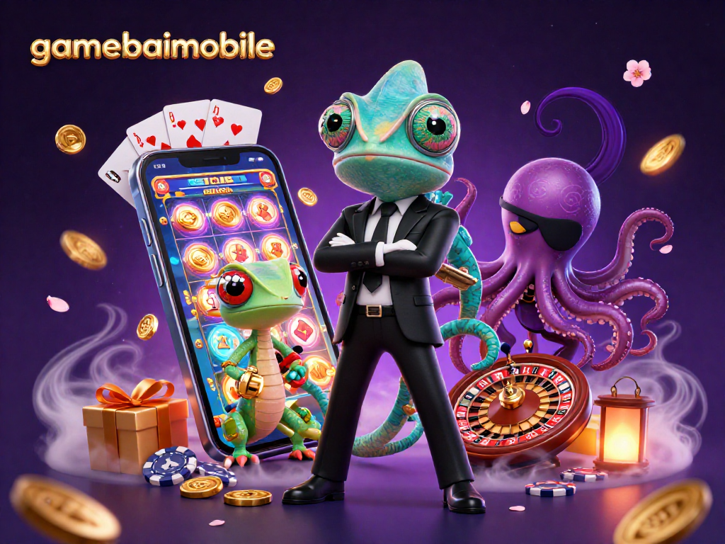 Engage with gamebaimobile's vibrant slot games and rich casino atmosphere in this dynamic 3D illustration.