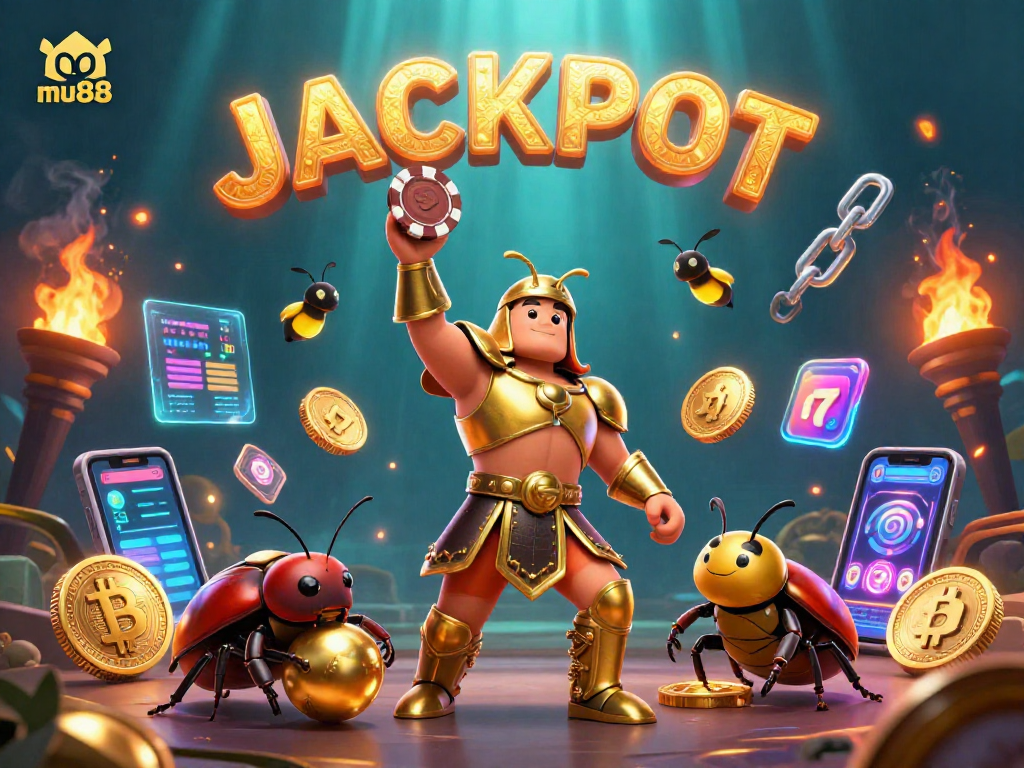 Win big with mu88 featuring a victorious beetle and cryptocurrency elements in a vibrant casino scene.