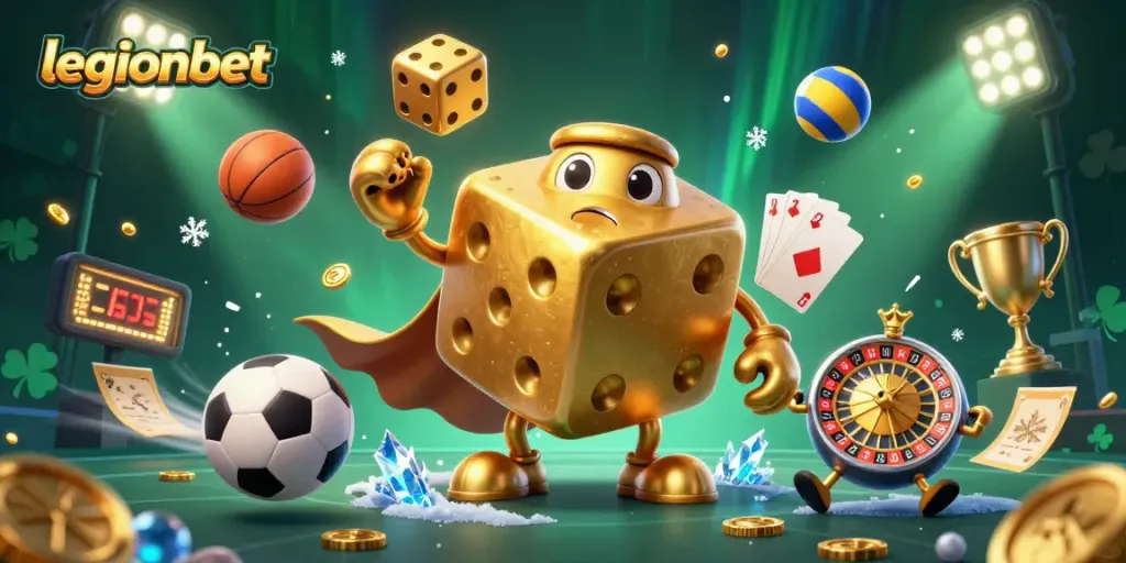 Engage with legionbet's thrilling ambiance featuring a golden dice golem and sports elements in an exciting casino scene.