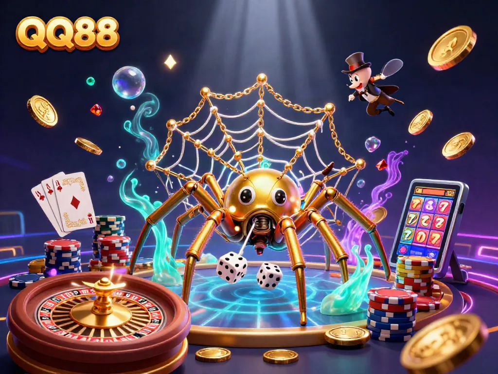 Enjoy thrilling betting at QQ88 with golden coins, vibrant game elements, and rich 3D illustration.
