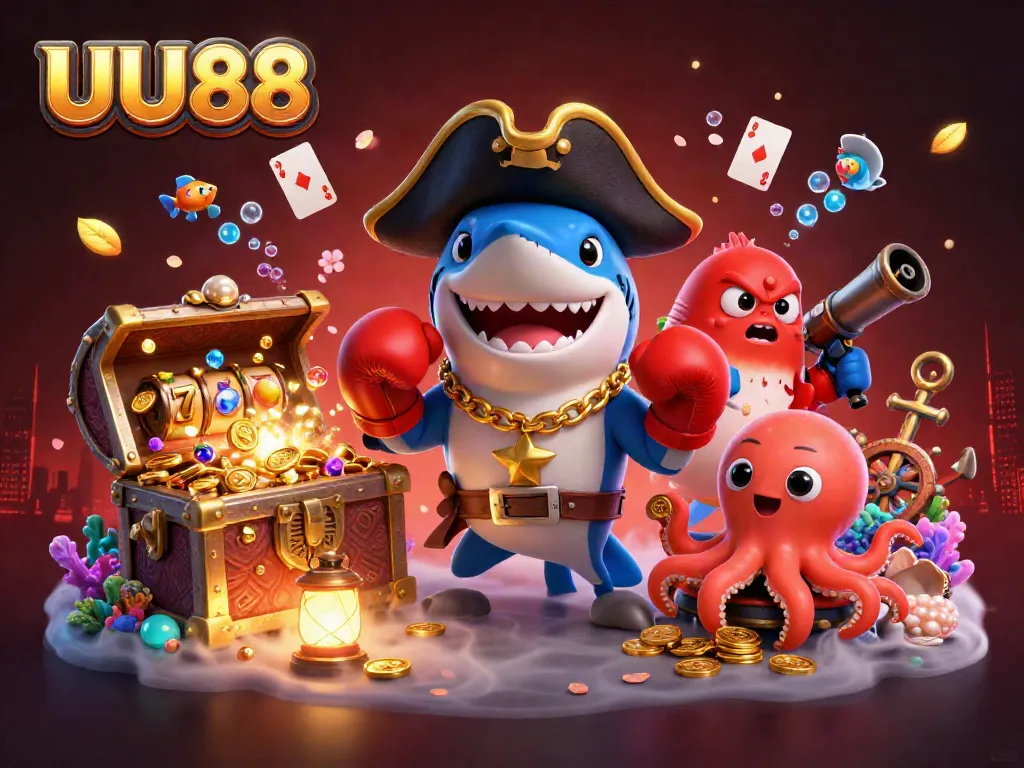 Experience UU88 with a vibrant underwater casino scene featuring a pirate shark, pufferfish, and octopus, surrounded by slot game elements.