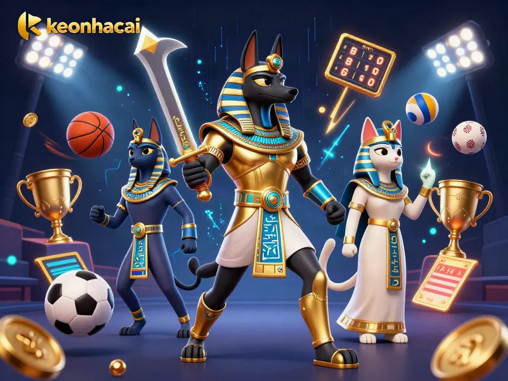 Engage with keonhacai while betting on various sports with majestic characters and dynamic action elements in a vibrant scene.