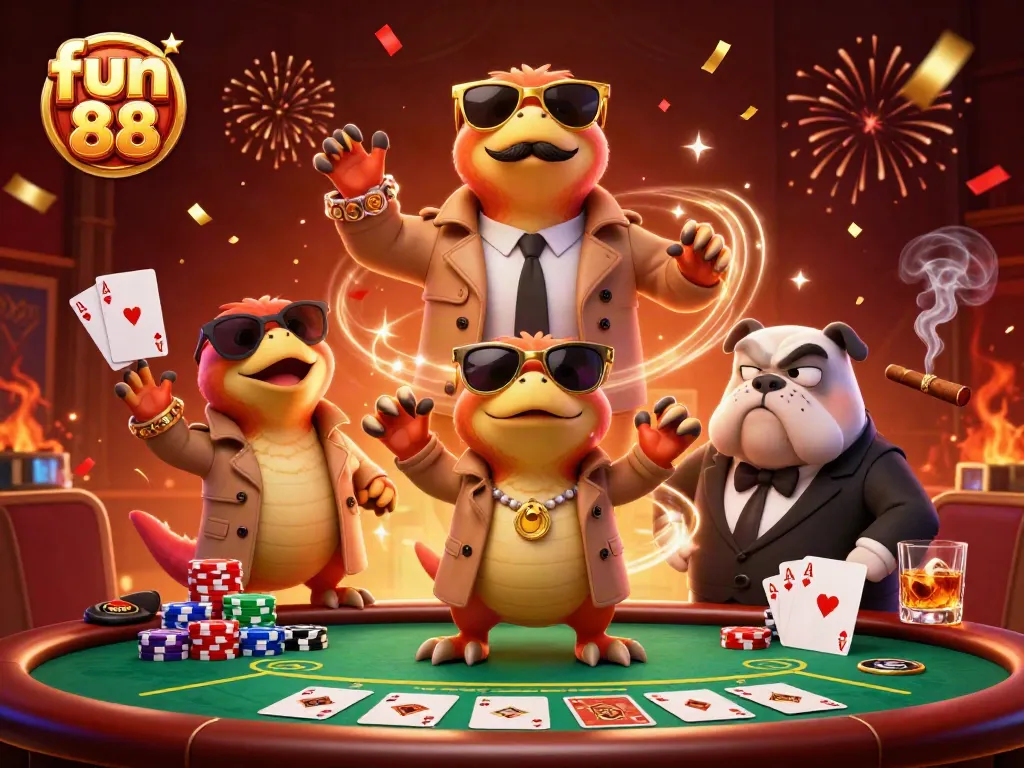 Join the fun 88 experience with three raptors in disguise at a vibrant casino!