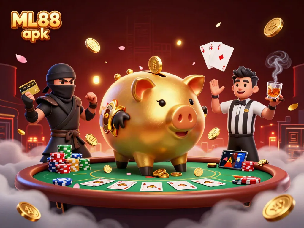 Experience the thrill of ML88 apk with a dynamic scene of gaming characters and elements.