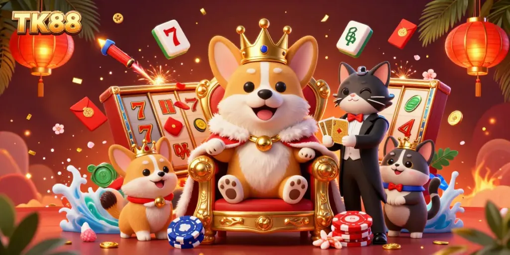 Engage with the serene TK88 casino environment featuring a royal corgi on a poker chip throne, presenting gaming delights.
