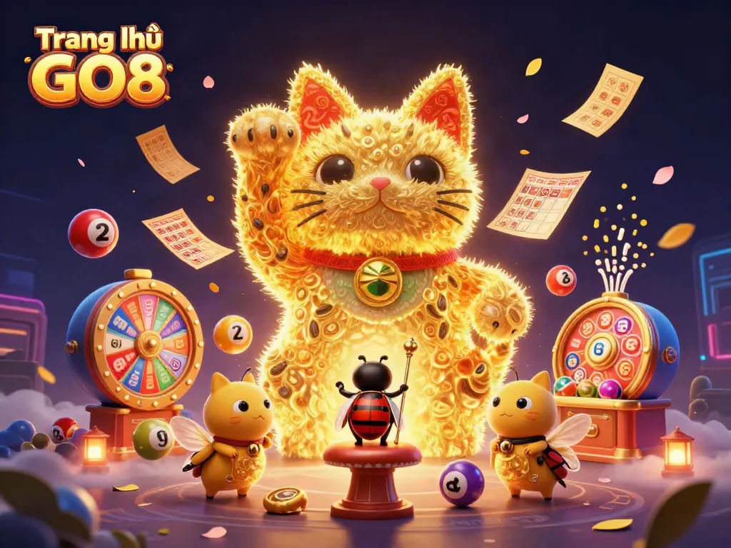 Engage in the excitement of lottery games with Trang chủ GO8 illustrated by a lucky cat and vibrant casino elements.