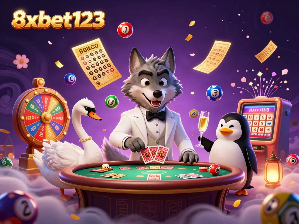 Engage with 8xbet123 at a vibrant casino scene featuring a debonair wolf and elegant characters.