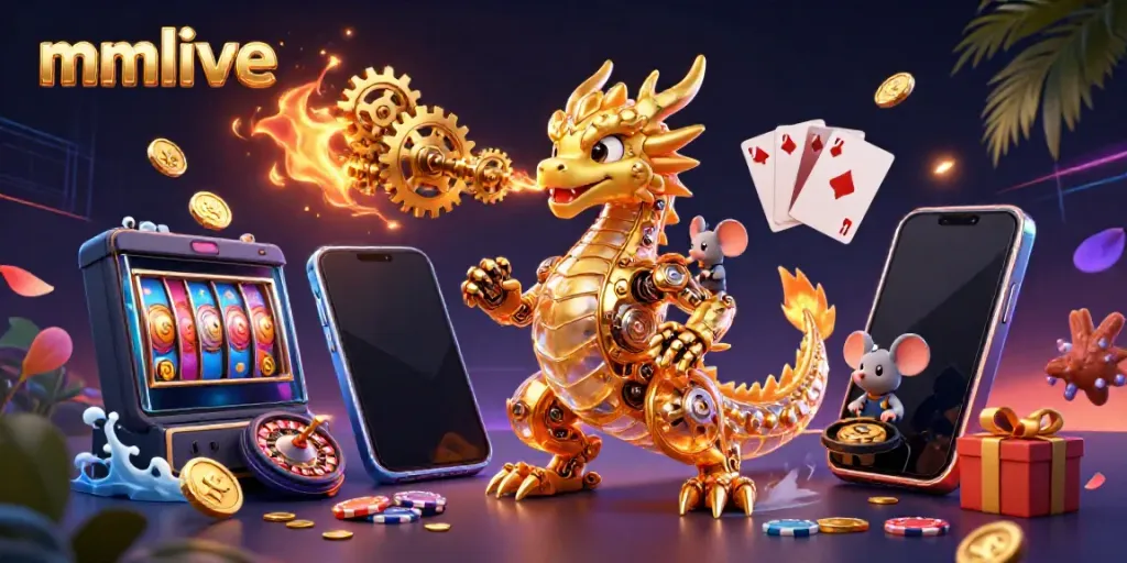 Experience thrilling gameplay in mmlive with a golden dragon, dynamic slots, and vibrant casino elements.