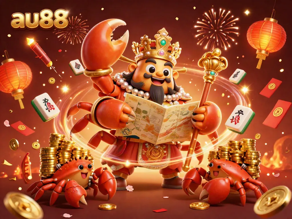 Engage with the vibrant atmosphere of au88, featuring a golden crab emperor surrounded by festive elements and casino symbols.