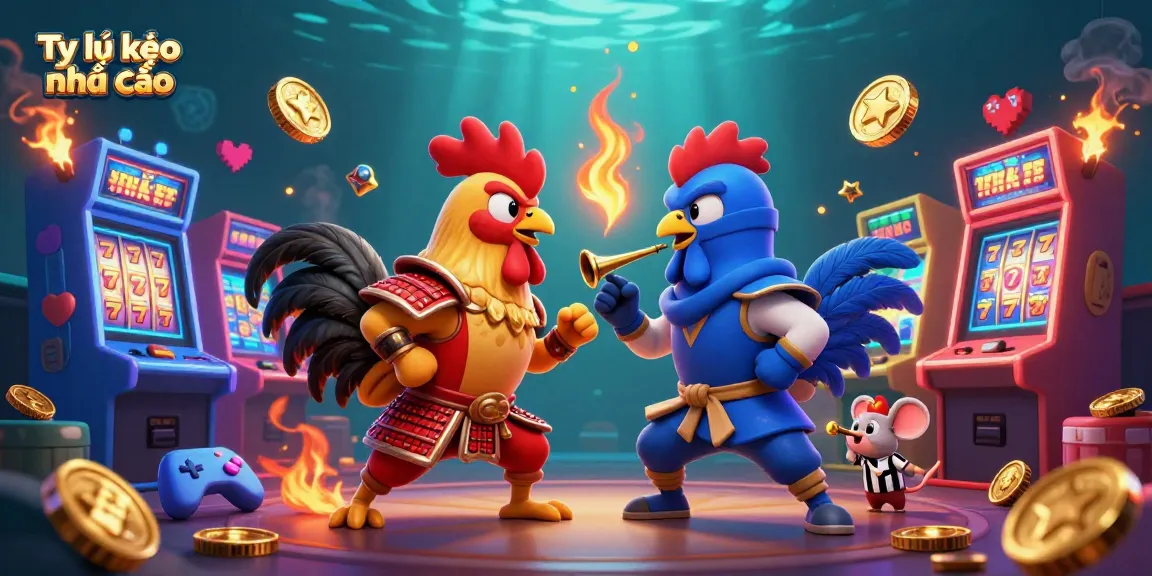 Tỷ lệ kèo nhà cái showcases an intense duel between cartoon roosters in a vibrant casino setting.