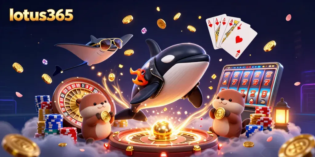 Experience the excitement of lotus365 with a dynamic casino scene featuring playful characters and vibrant casino elements.