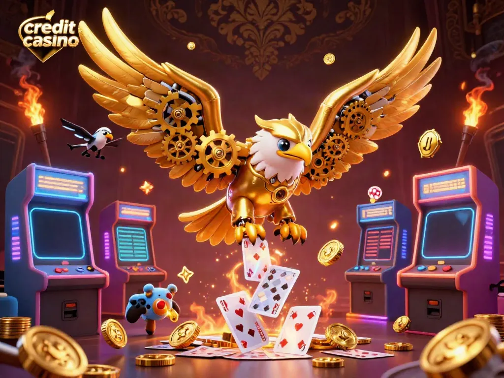 Experience exciting games at credit card casinos with a dynamic 3D illustration of a golden eagle.