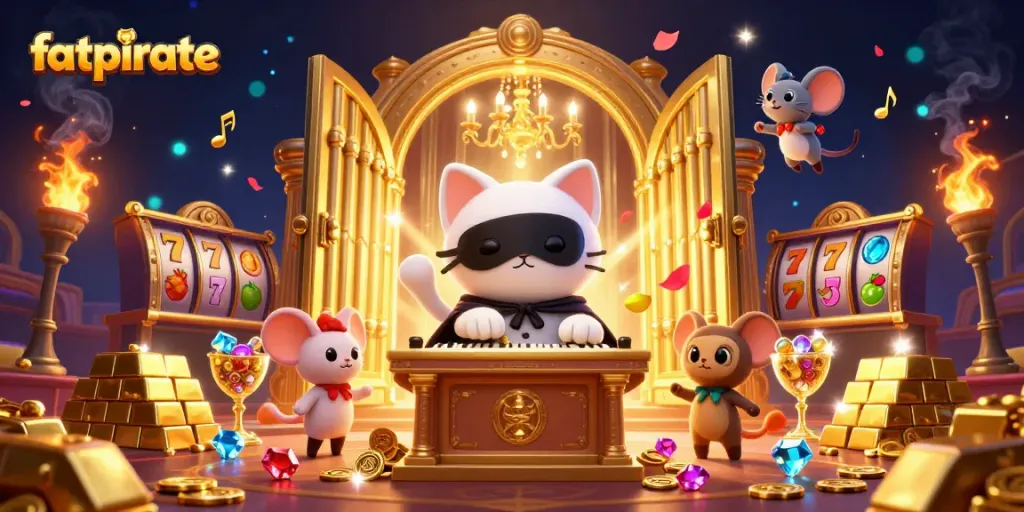 Experience the thrill of winning at fatpirate Casino with vivid slot reels and luxurious treasures.