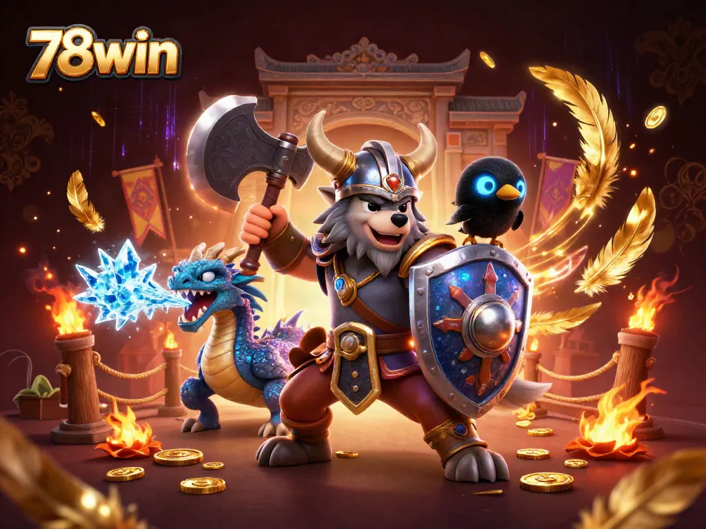 Experience the thrill of 78win with a Viking warrior and dragon in a dynamic casino arena.