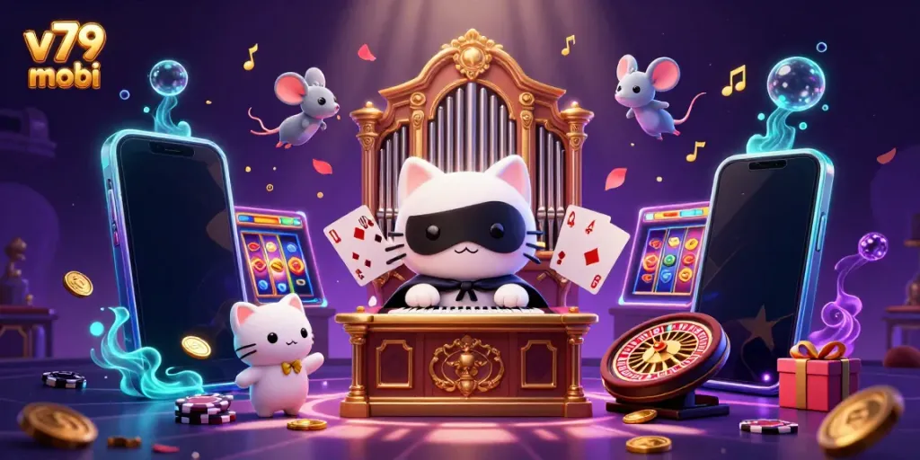 Watch the captivating scene of the v79 mobi virtual casino with charming characters and dynamic gaming elements.