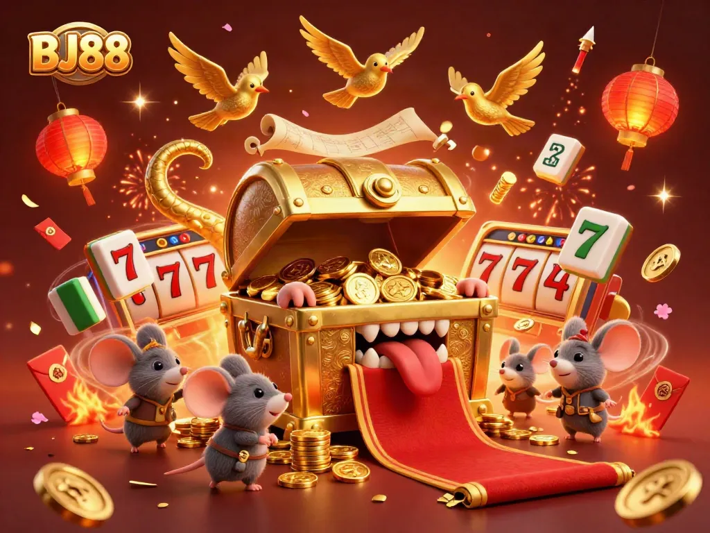 BJ88 brings exciting casino adventures to life with a vibrant 3D illustration of treasure and lucky symbols.