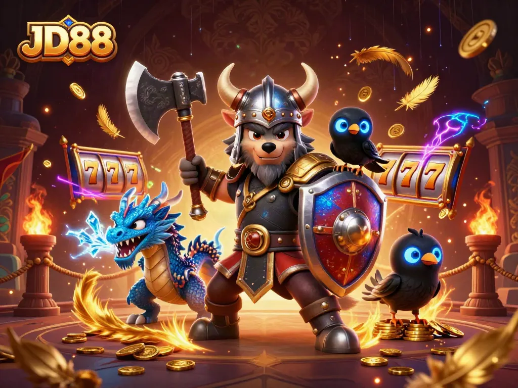Join the excitement at JD88 with a 3D Viking wolf and dragon in a thrilling casino scene.
