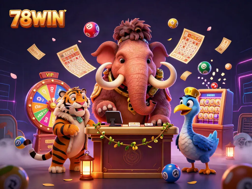 Experience the vibrant world of 78WIN with dynamic casino characters exploring exciting games and prizes.
