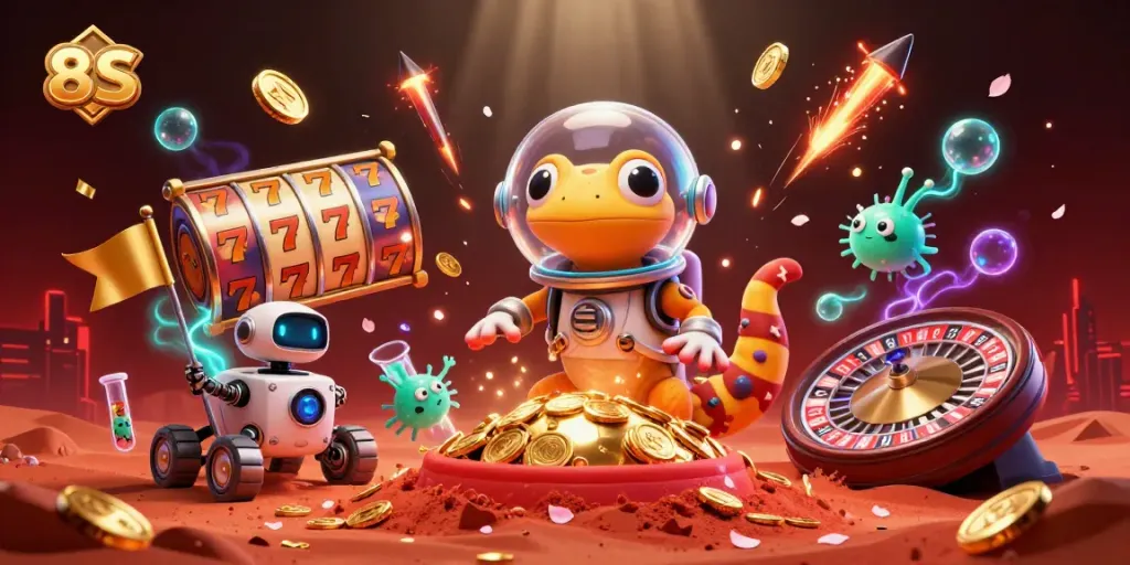 Enjoy an exciting moment in the casino atmosphere featuring 8S, the Martian gecko exploring a golden casino.