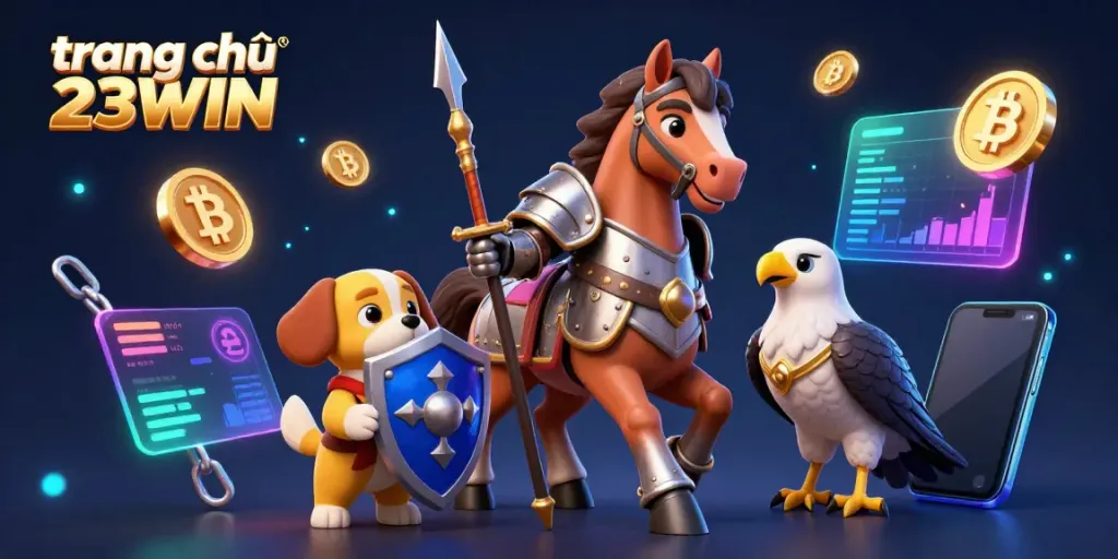 Engage with the vibrant world of gambling at trang chủ 23WIN featuring a dynamic knight, squire puppy, and falcon amidst crypto coins.