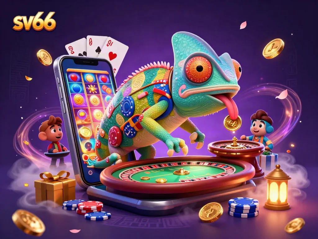 Spin the reels for sv66 action with a vivid chameleon casino illustration full of energy.