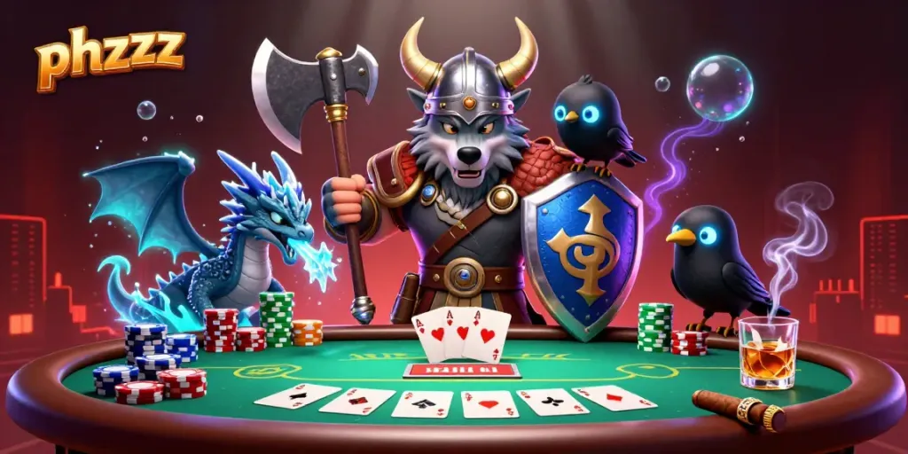 Experience the excitement of phzzz poker with a Viking warrior, a fierce dragon, and vibrant casino elements.