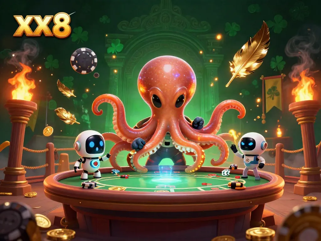 Engage in the vibrant world of XX 8, featuring an alien octopus and robot at a holographic poker table.