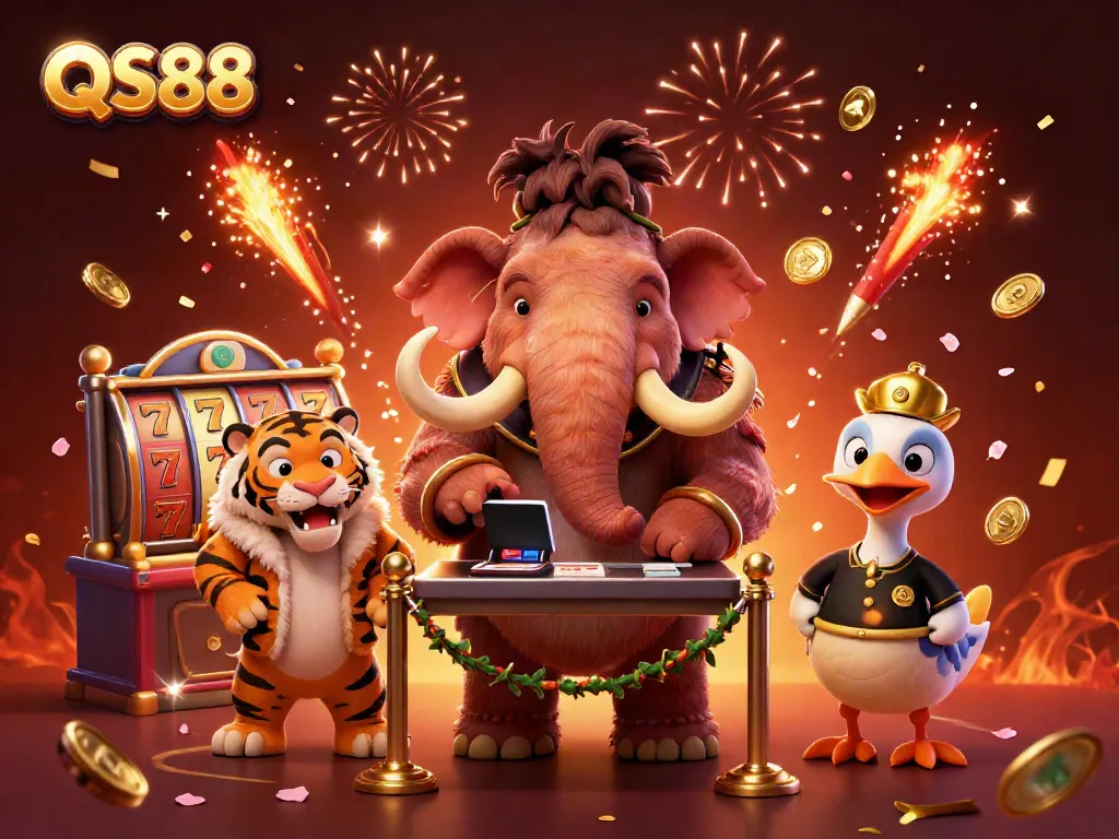 Check IDs at QS88 casino, featuring a mammoth bouncer and tiger VIP amidst vibrant gaming elements.
