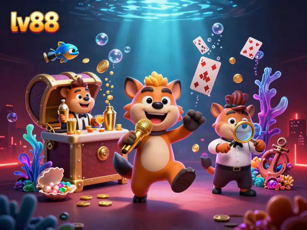 Enjoy vibrant casino fun with lv88's cartoon hyena crew in a lively comedy club atmosphere.
