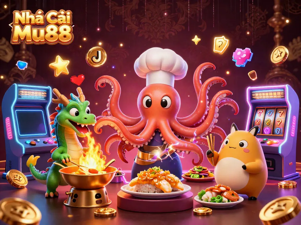 Experience the vibrant action at Nhà Cái Mu88 with a dynamic illustration featuring unique characters and casino elements.