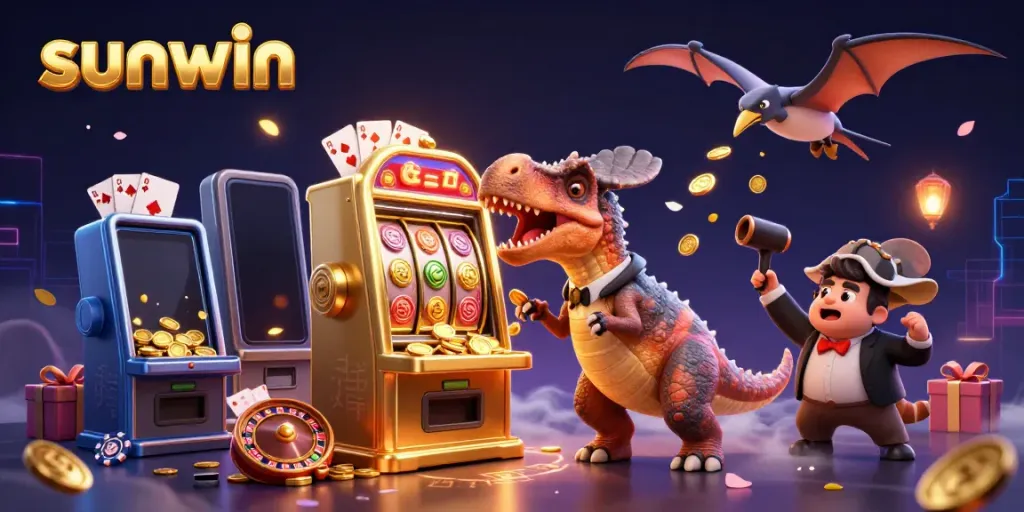 Sunwin casino scene with a cartoon dinosaur hitting a slot machine for jackpot coins.