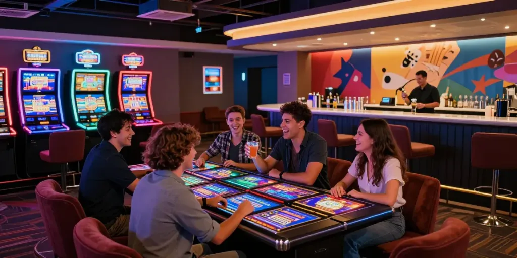 Vibrant gaming lounge in UK casinos not on GamStop with players enjoying slots and drinks.