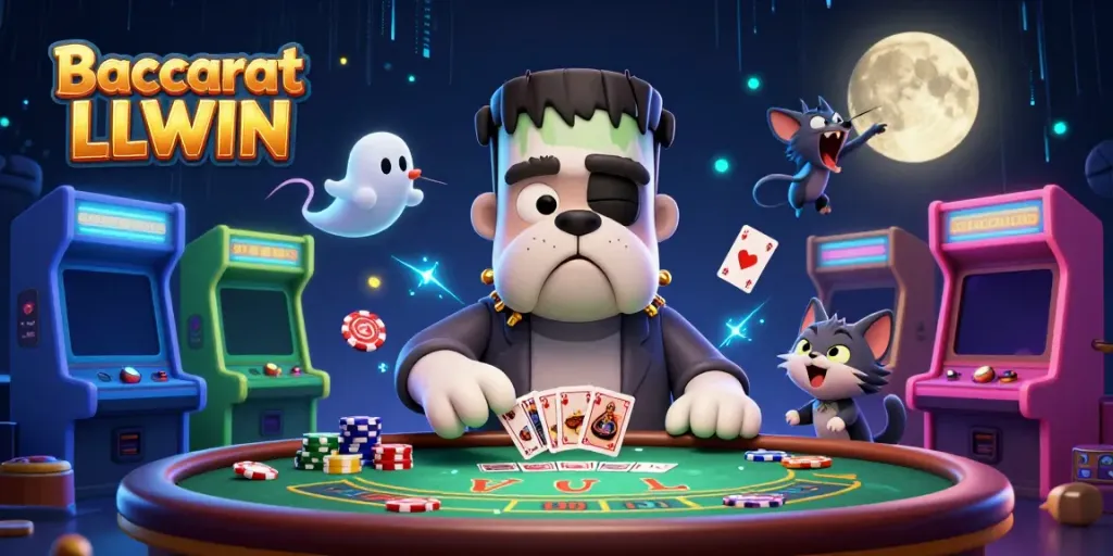 Experience Baccarat LLWIN excitement with a lively 3D scene of characters and gaming elements.