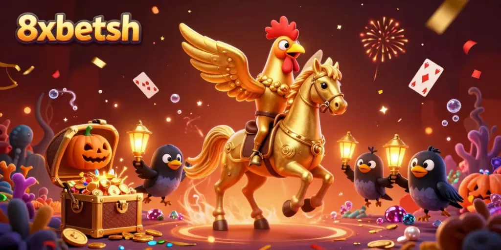 Experience thrilling gaming at 8xbetsh with a golden rooster in a vibrant casino scene.