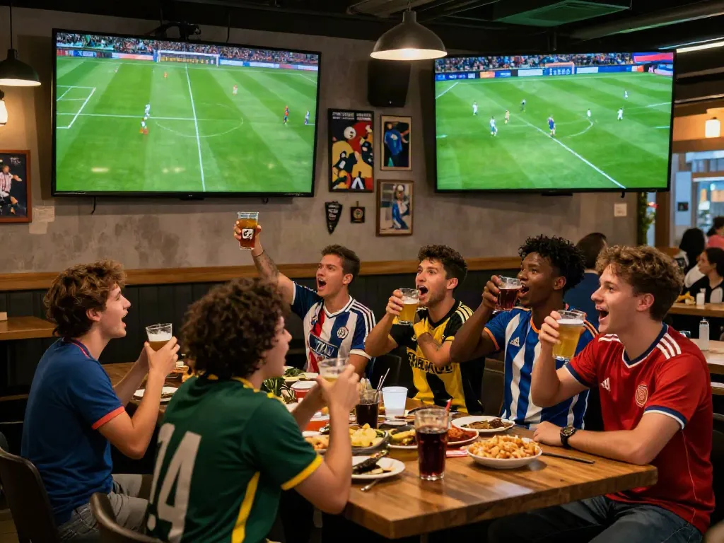 Fans enjoying an exciting match on Xoilactv at a lively sports bar.