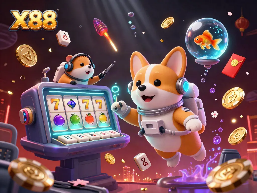 X88 casino adventure with an astronaut corgi amid floating poker chips and riches.