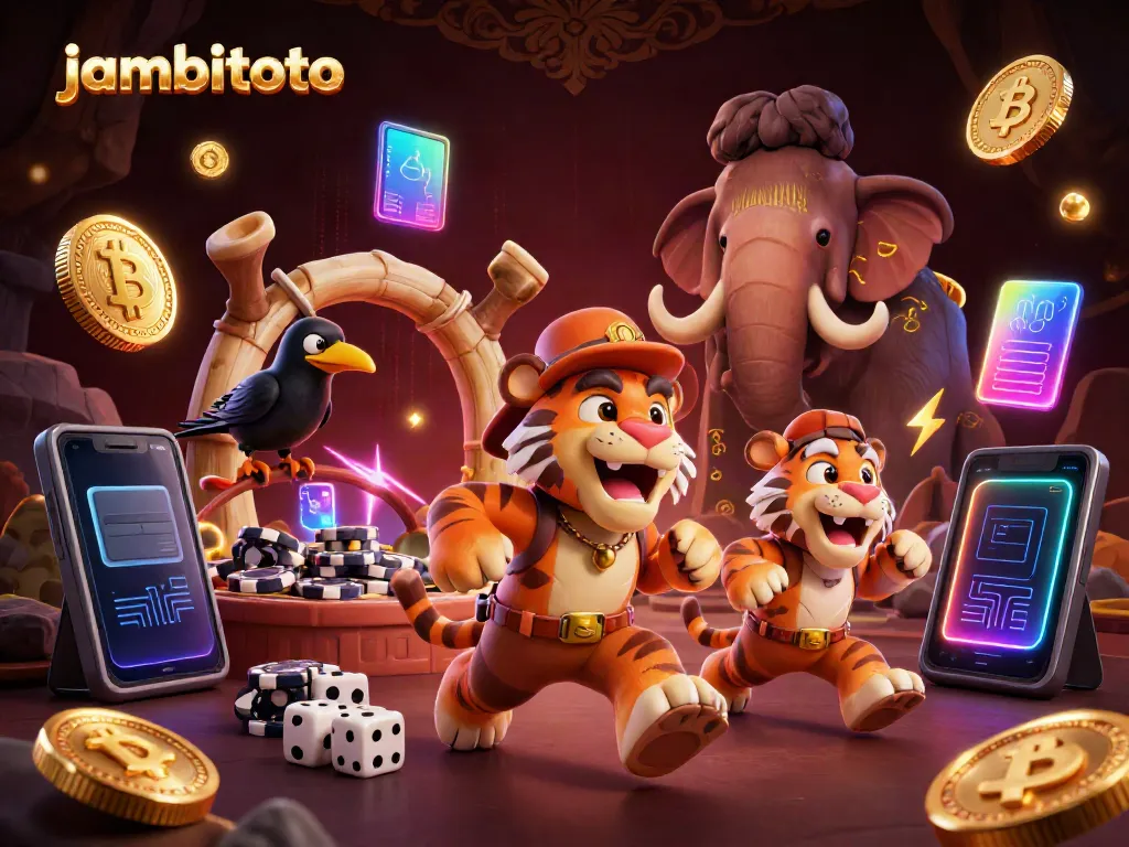 Experience the thrills of jambitoto in a vibrant prehistoric casino environment with animated characters and dynamic gaming elements.