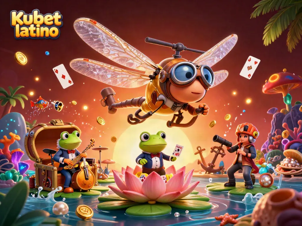 Engage with top-notch gaming at Kubet latino, featuring a vibrant 3D casino scene with a dragonfly pilot and frog croupier.