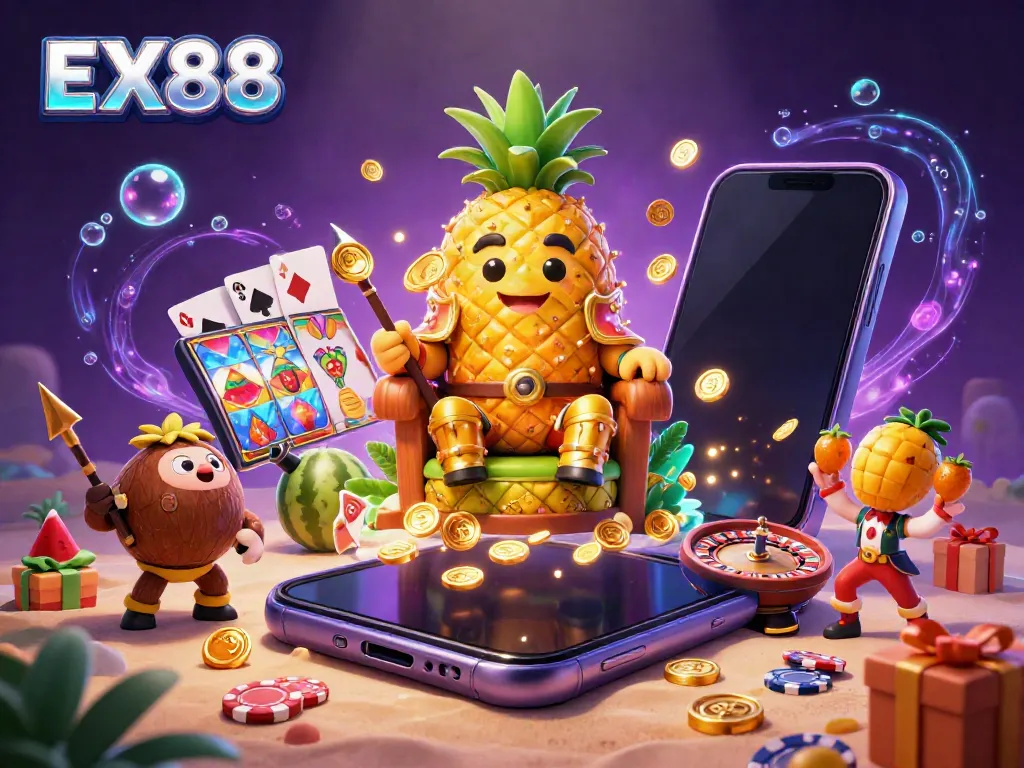 Experience the vibrant excitement of EX88 with a pineapple king and dazzling casino elements.