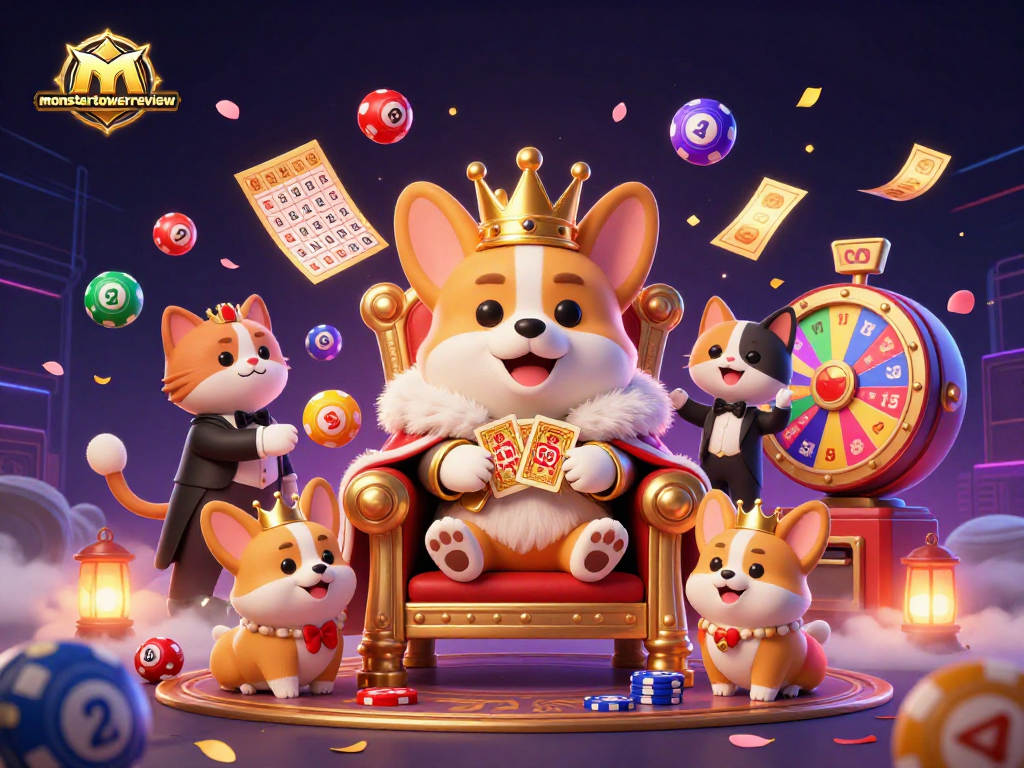 Experience the thrill of gaming with monstertowerreview featuring a royal corgi reigning over a dynamic casino scene.