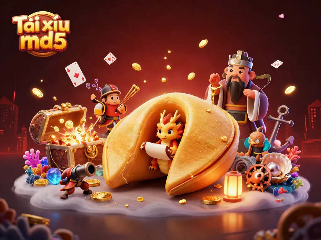 Engage with Tài xỉu md5 through a thrilling illustration of dragons, fortune cookies, and casino treasures.